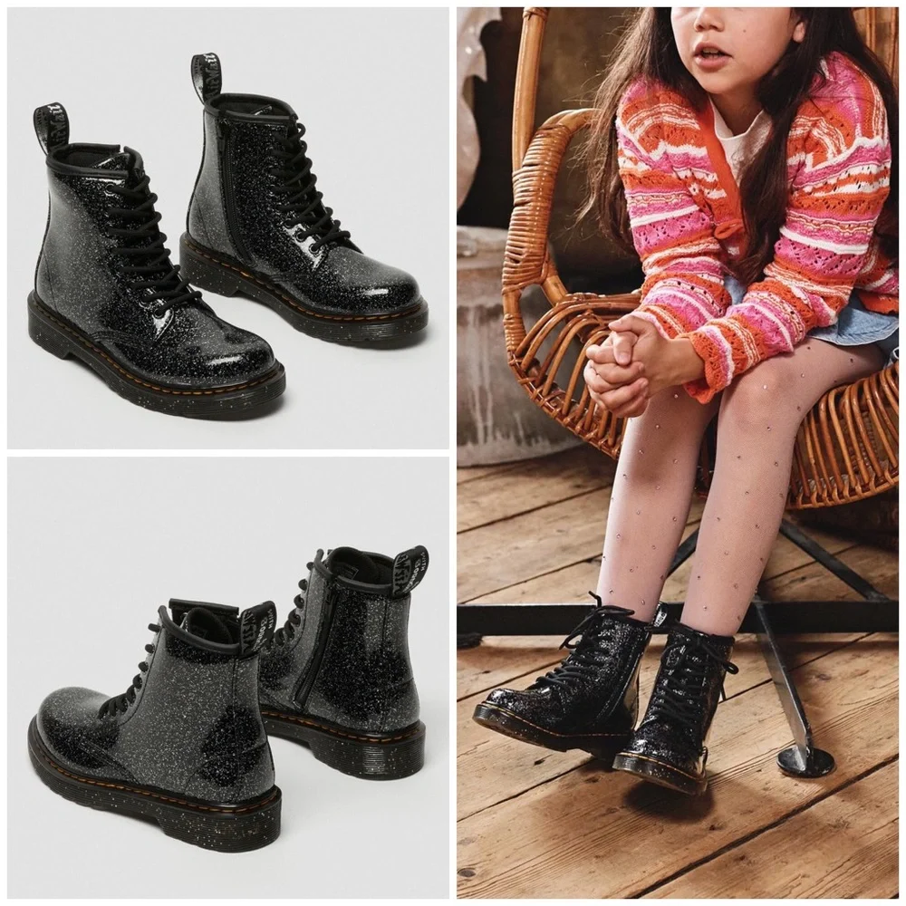 $75 Dr. Martens Junior 1460 Black Cosmic Silver Glitter Lace Up Zipper Boots 2